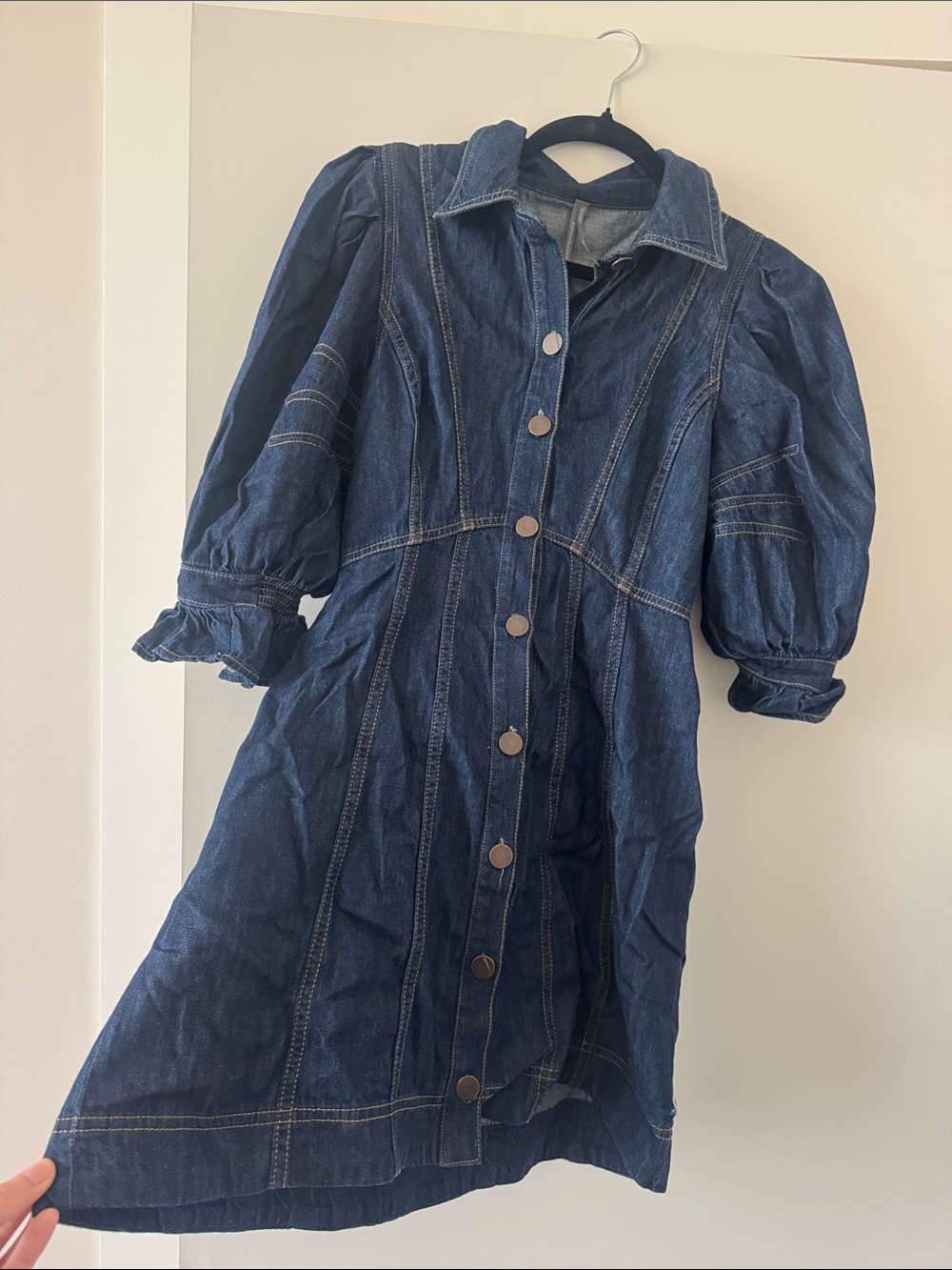 Anthropologie Dark Blue Puff-Sleeve Denim Dress